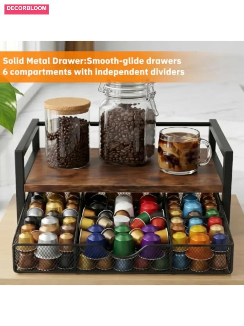 Extra Large Tea Bag Organizer with 6 Compartments and Drawer, Wooden Tea Caddy